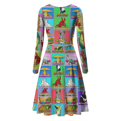 Australia Long Sleeve Summer Dress - Australia's Iconic Big Things Postage Stamps Style Dress Australia Long Sleeve Summer Dress - Australia's Iconic Big Things Postage Stamps Style Dress