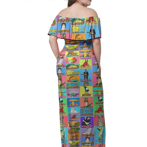 Australia Off Shoulder Long Dress - Australia's Iconic Big Things Postage Stamps Style Dress Australia Off Shoulder Long Dress - Australia's Iconic Big Things Postage Stamps Style Dress