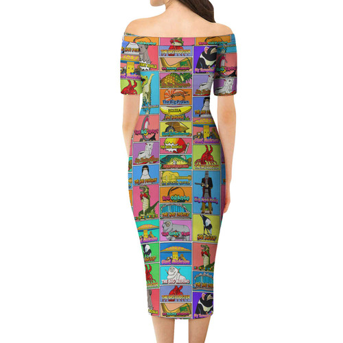 Australia Short Sleeve Off Shoulder Lady Dress - Australia's Iconic Big Things Postage Stamps Style Dress Australia Short Sleeve Off Shoulder Lady Dress - Australia's Iconic Big Things Postage Stamps Style Dress