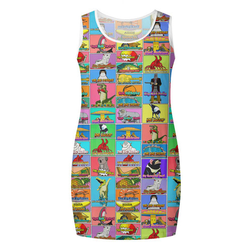 Australia Sleeveless Mini Dress - Australia's Iconic Big Things Postage Stamps Style Dress Australia Sleeveless Mini Dress - Australia's Iconic Big Things Postage Stamps Style Dress
