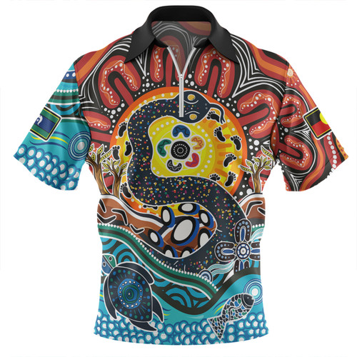 Australia Rainbow Serpent Aboriginal Zip Polo Shirt - Dreamtime Rainbow Serpent Zip Polo Shirt