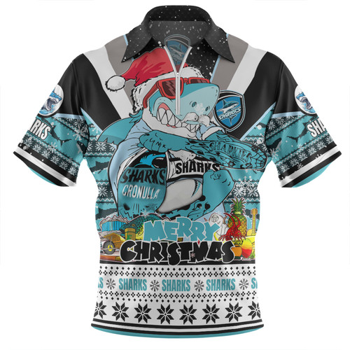 Cronulla-Sutherland Sharks Christmas Custom Zip Polo Shirt - Sharks Santa Aussie Big Things Zip Polo Shirt
