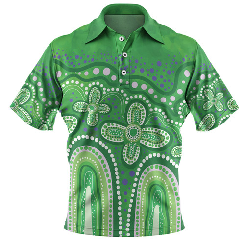 Australia Aboriginal Polo Shirt - Dot painting illustration in Aboriginal style Green Polo Shirt