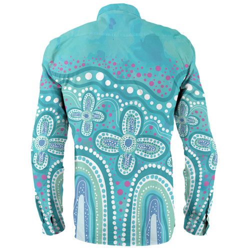 Australia Aboriginal Long Sleeve Shirt - Dot painting illustration in Aboriginal style Turquoise Long Sleeve Shirt