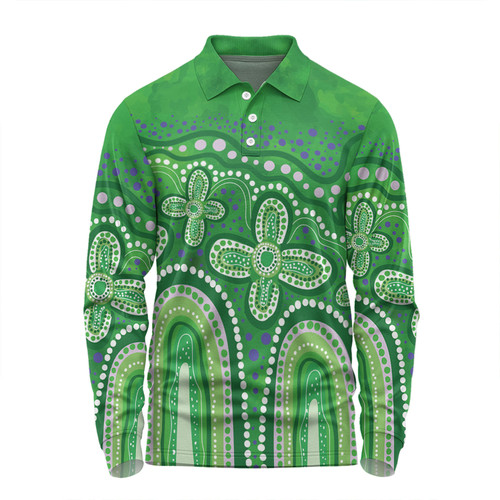 Australia Aboriginal Long Sleeve Polo Shirt - Dot painting illustration in Aboriginal style Green Long Sleeve Polo Shirt