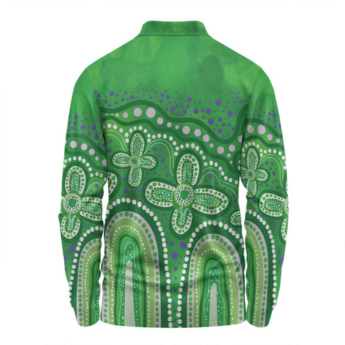 Australia Aboriginal Long Sleeve Polo Shirt - Dot painting illustration in Aboriginal style Green Long Sleeve Polo Shirt Australia Aboriginal Long Sleeve Polo Shirt - Dot painting illustration in Aboriginal style Green Long Sleeve Polo Shirt