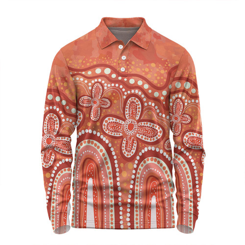 Australia Aboriginal Long Sleeve Polo Shirt - Dot painting illustration in Aboriginal style Orange Long Sleeve Polo Shirt