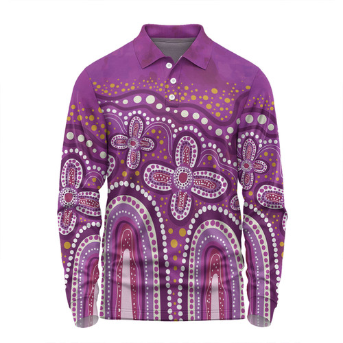 Australia Aboriginal Long Sleeve Polo Shirt - Dot painting illustration in Aboriginal style Pink Long Sleeve Polo Shirt