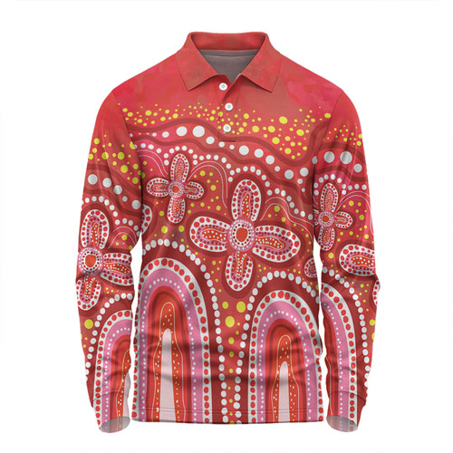 Australia Aboriginal Long Sleeve Polo Shirt - Dot painting illustration in Aboriginal style Red Long Sleeve Polo Shirt