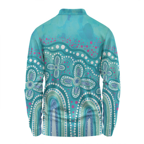 Australia Aboriginal Long Sleeve Polo Shirt - Dot painting illustration in Aboriginal style Turquoise Long Sleeve Polo Shirt Australia Aboriginal Long Sleeve Polo Shirt - Dot painting illustration in Aboriginal style Turquoise Long Sleeve Polo Shirt