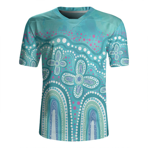 Australia Aboriginal Rugby Jersey - Dot painting illustration in Aboriginal style Turquoise Rugby Jersey