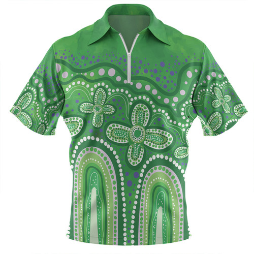 Australia Aboriginal Zip Polo Shirt - Dot painting illustration in Aboriginal style Green Zip Polo Shirt