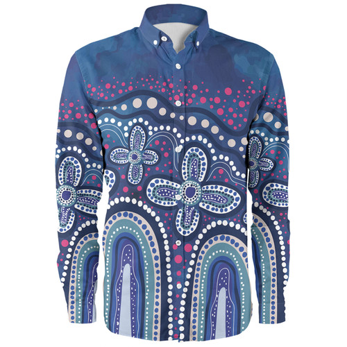 Australia Aboriginal Long Sleeve Shirt - Dot painting illustration in Aboriginal style Blue Long Sleeve Shirt