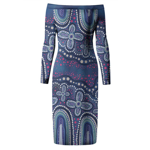 Australia Aboriginal Long Sleeve Off Shoulder Lady Dress - Dot painting illustration in Aboriginal style Blue Dress Australia Aboriginal Long Sleeve Off Shoulder Lady Dress - Dot painting illustration in Aboriginal style Blue Dress