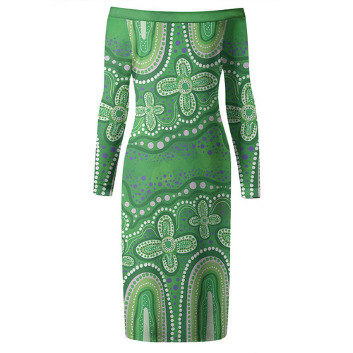 Australia Aboriginal Long Sleeve Off Shoulder Lady Dress - Dot painting illustration in Aboriginal style Green Dress Australia Aboriginal Long Sleeve Off Shoulder Lady Dress - Dot painting illustration in Aboriginal style Green Dress
