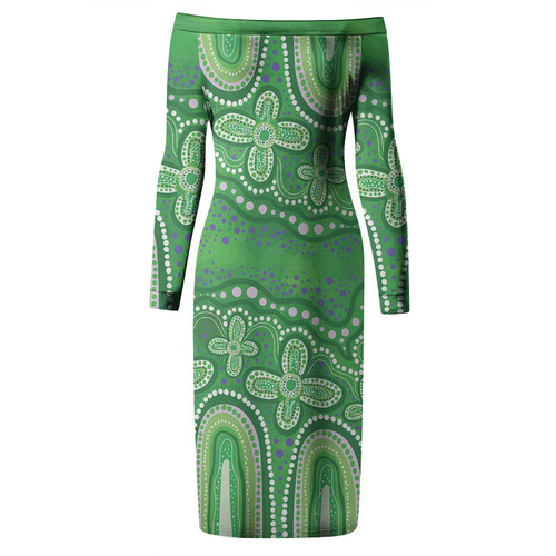 Australia Aboriginal Long Sleeve Off Shoulder Lady Dress - Dot painting illustration in Aboriginal style Green Dress Australia Aboriginal Long Sleeve Off Shoulder Lady Dress - Dot painting illustration in Aboriginal style Green Dress