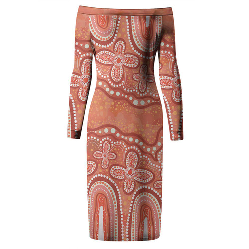 Australia Aboriginal Long Sleeve Off Shoulder Lady Dress - Dot painting illustration in Aboriginal style Orange Dress Australia Aboriginal Long Sleeve Off Shoulder Lady Dress - Dot painting illustration in Aboriginal style Orange Dress