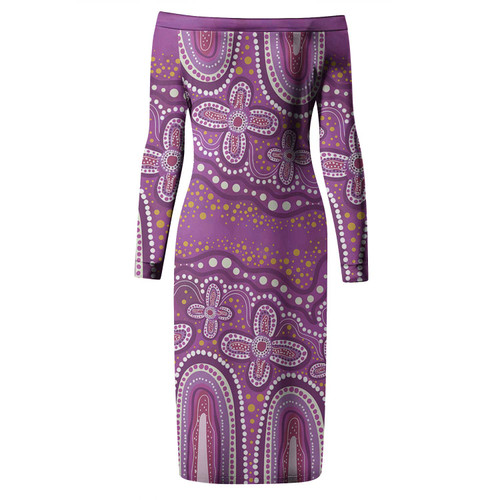 Australia Aboriginal Long Sleeve Off Shoulder Lady Dress - Dot painting illustration in Aboriginal style Pink Dress Australia Aboriginal Long Sleeve Off Shoulder Lady Dress - Dot painting illustration in Aboriginal style Pink Dress