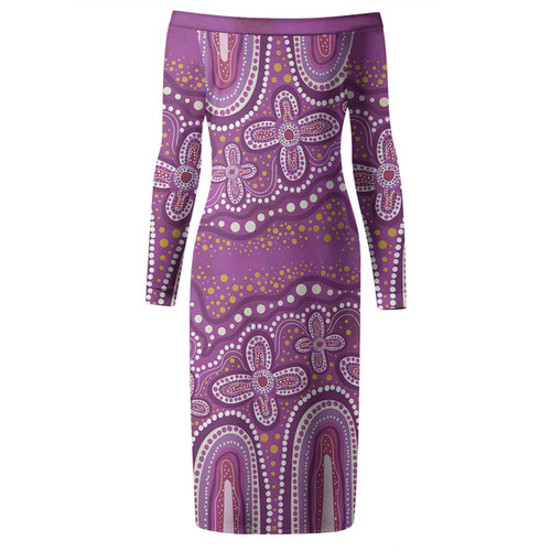 Australia Aboriginal Long Sleeve Off Shoulder Lady Dress - Dot painting illustration in Aboriginal style Pink Dress Australia Aboriginal Long Sleeve Off Shoulder Lady Dress - Dot painting illustration in Aboriginal style Pink Dress