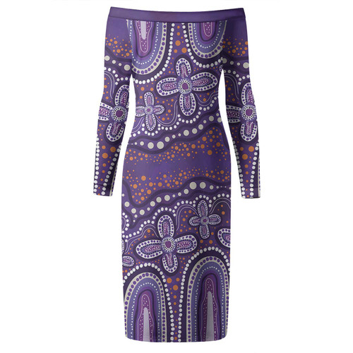Australia Aboriginal Long Sleeve Off Shoulder Lady Dress - Dot painting illustration in Aboriginal style Purple Dress Australia Aboriginal Long Sleeve Off Shoulder Lady Dress - Dot painting illustration in Aboriginal style Purple Dress