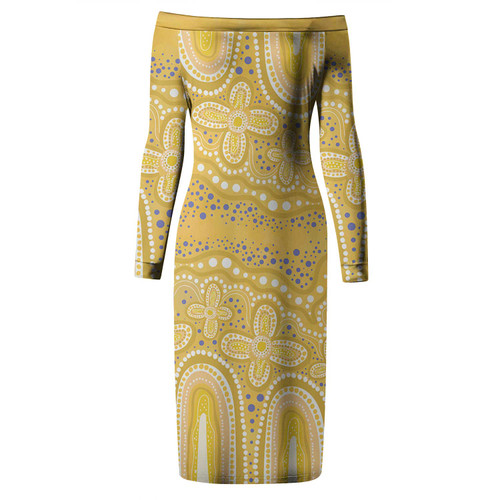 Australia Aboriginal Long Sleeve Off Shoulder Lady Dress - Dot painting illustration in Aboriginal style Yellow Dress Australia Aboriginal Long Sleeve Off Shoulder Lady Dress - Dot painting illustration in Aboriginal style Yellow Dress