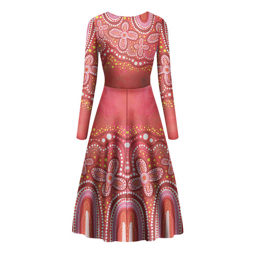 Australia Aboriginal Long Sleeve Dance Dress - Dot painting illustration in Aboriginal style Red Dress Australia Aboriginal Long Sleeve Dance Dress - Dot painting illustration in Aboriginal style Red Dress