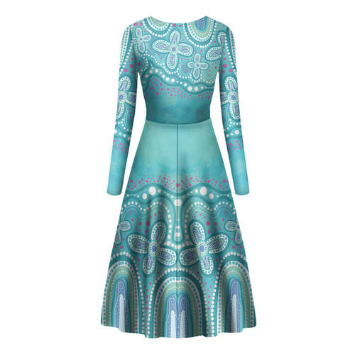Australia Aboriginal Long Sleeve Dance Dress - Dot painting illustration in Aboriginal style Turquoise Dress Australia Aboriginal Long Sleeve Dance Dress - Dot painting illustration in Aboriginal style Turquoise Dress