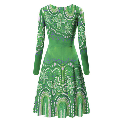 Australia Aboriginal Long Sleeve Summer Dress - Dot painting illustration in Aboriginal style Green Dress Australia Aboriginal Long Sleeve Summer Dress - Dot painting illustration in Aboriginal style Green Dress