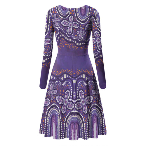 Australia Aboriginal Long Sleeve Summer Dress - Dot painting illustration in Aboriginal style Purple Dress Australia Aboriginal Long Sleeve Summer Dress - Dot painting illustration in Aboriginal style Purple Dress