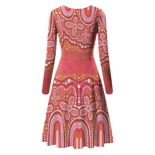 Australia Aboriginal Long Sleeve Summer Dress - Dot painting illustration in Aboriginal style Red Dress Australia Aboriginal Long Sleeve Summer Dress - Dot painting illustration in Aboriginal style Red Dress