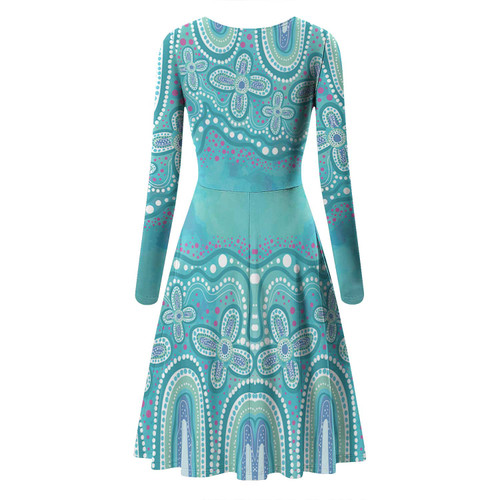 Australia Aboriginal Long Sleeve Summer Dress - Dot painting illustration in Aboriginal style Turquoise Dress Australia Aboriginal Long Sleeve Summer Dress - Dot painting illustration in Aboriginal style Turquoise Dress
