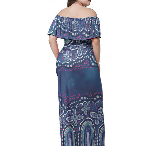 Australia Aboriginal Off Shoulder Long Dress - Dot painting illustration in Aboriginal style Blue Dress Australia Aboriginal Off Shoulder Long Dress - Dot painting illustration in Aboriginal style Blue Dress