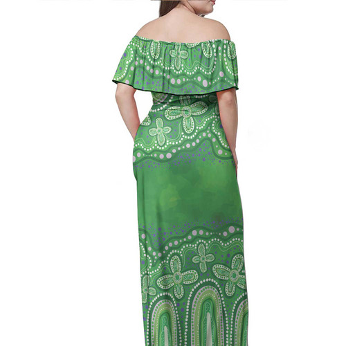 Australia Aboriginal Off Shoulder Long Dress - Dot painting illustration in Aboriginal style Green Dress Australia Aboriginal Off Shoulder Long Dress - Dot painting illustration in Aboriginal style Green Dress