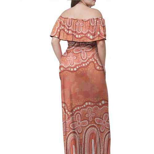 Australia Aboriginal Off Shoulder Long Dress - Dot painting illustration in Aboriginal style Orange Dress Australia Aboriginal Off Shoulder Long Dress - Dot painting illustration in Aboriginal style Orange Dress