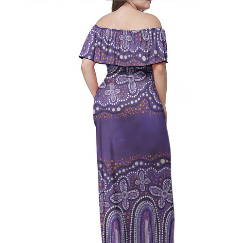 Australia Aboriginal Off Shoulder Long Dress - Dot painting illustration in Aboriginal style Purple Dress Australia Aboriginal Off Shoulder Long Dress - Dot painting illustration in Aboriginal style Purple Dress