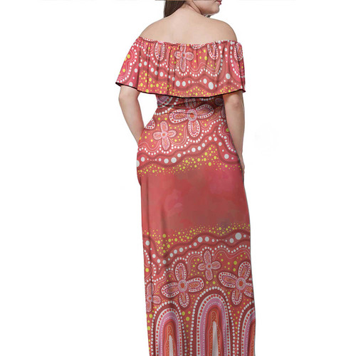 Australia Aboriginal Off Shoulder Long Dress - Dot painting illustration in Aboriginal style Red Dress Australia Aboriginal Off Shoulder Long Dress - Dot painting illustration in Aboriginal style Red Dress