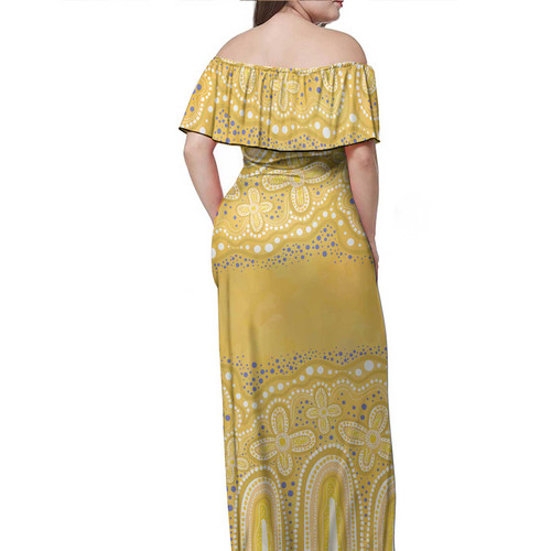 Australia Aboriginal Off Shoulder Long Dress - Dot painting illustration in Aboriginal style Yellow Dress Australia Aboriginal Off Shoulder Long Dress - Dot painting illustration in Aboriginal style Yellow Dress