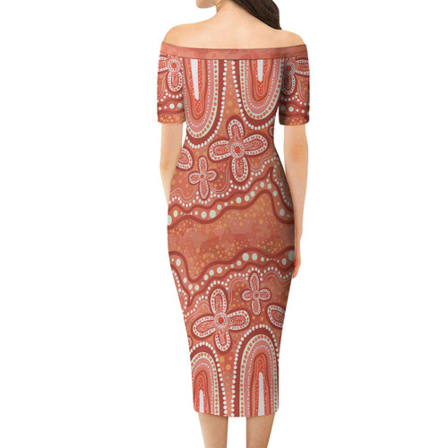 Australia Aboriginal Short Sleeve Off Shoulder Lady Dress - Dot painting illustration in Aboriginal style Orange Dress Australia Aboriginal Short Sleeve Off Shoulder Lady Dress - Dot painting illustration in Aboriginal style Orange Dress