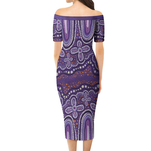 Australia Aboriginal Short Sleeve Off Shoulder Lady Dress - Dot painting illustration in Aboriginal style Purple Dress Australia Aboriginal Short Sleeve Off Shoulder Lady Dress - Dot painting illustration in Aboriginal style Purple Dress