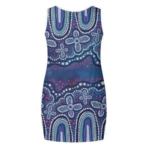 Australia Aboriginal Sleeveless Mini Dress - Dot painting illustration in Aboriginal style Blue Dress Australia Aboriginal Sleeveless Mini Dress - Dot painting illustration in Aboriginal style Blue Dress