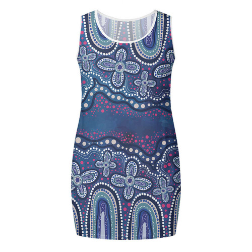Australia Aboriginal Sleeveless Mini Dress - Dot painting illustration in Aboriginal style Blue Dress Australia Aboriginal Sleeveless Mini Dress - Dot painting illustration in Aboriginal style Blue Dress