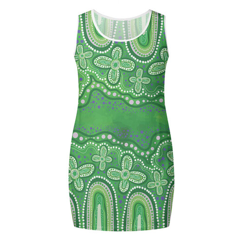 Australia Aboriginal Sleeveless Mini Dress - Dot painting illustration in Aboriginal style Green Dress Australia Aboriginal Sleeveless Mini Dress - Dot painting illustration in Aboriginal style Green Dress