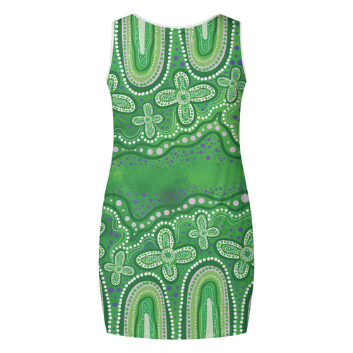 Australia Aboriginal Sleeveless Mini Dress - Dot painting illustration in Aboriginal style Green Dress Australia Aboriginal Sleeveless Mini Dress - Dot painting illustration in Aboriginal style Green Dress
