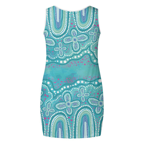 Australia Aboriginal Sleeveless Mini Dress - Dot painting illustration in Aboriginal style Turquoise Dress Australia Aboriginal Sleeveless Mini Dress - Dot painting illustration in Aboriginal style Turquoise Dress