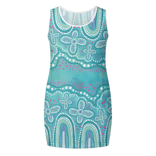 Australia Aboriginal Sleeveless Mini Dress - Dot painting illustration in Aboriginal style Turquoise Dress Australia Aboriginal Sleeveless Mini Dress - Dot painting illustration in Aboriginal style Turquoise Dress
