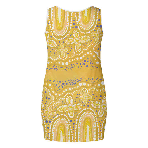 Australia Aboriginal Sleeveless Mini Dress - Dot painting illustration in Aboriginal style Yellow Dress Australia Aboriginal Sleeveless Mini Dress - Dot painting illustration in Aboriginal style Yellow Dress