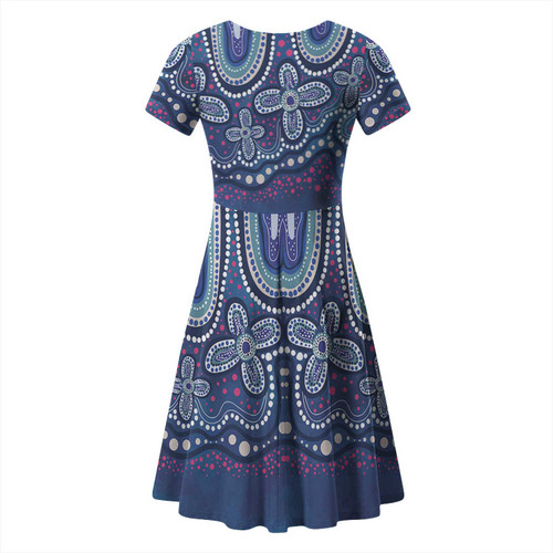 Australia Aboriginal Short Sleeve Summer Dress - Dot painting illustration in Aboriginal style Blue Dress Australia Aboriginal Short Sleeve Summer Dress - Dot painting illustration in Aboriginal style Blue Dress