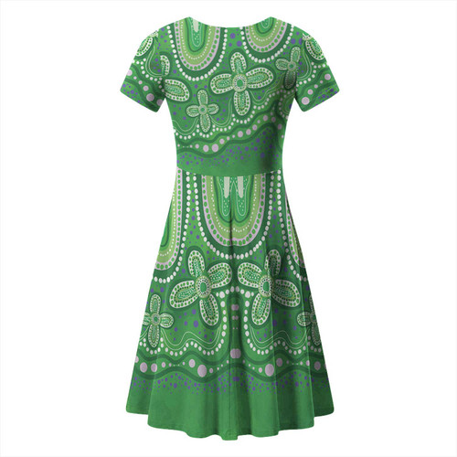 Australia Aboriginal Short Sleeve Summer Dress - Dot painting illustration in Aboriginal style Green Dress Australia Aboriginal Short Sleeve Summer Dress - Dot painting illustration in Aboriginal style Green Dress