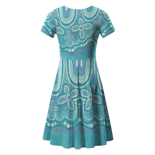 Australia Aboriginal Short Sleeve Summer Dress - Dot painting illustration in Aboriginal style Turquoise Dress Australia Aboriginal Short Sleeve Summer Dress - Dot painting illustration in Aboriginal style Turquoise Dress