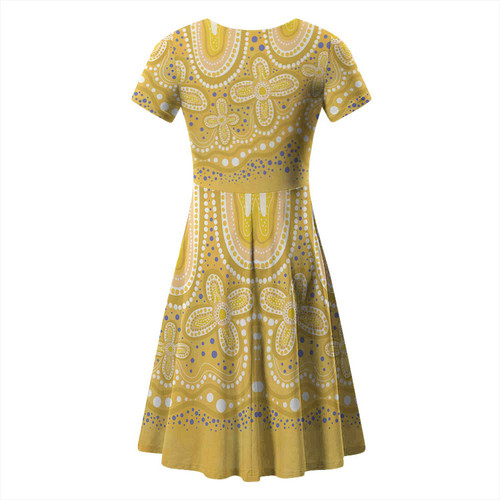 Australia Aboriginal Short Sleeve Summer Dress - Dot painting illustration in Aboriginal style Yellow Dress Australia Aboriginal Short Sleeve Summer Dress - Dot painting illustration in Aboriginal style Yellow Dress